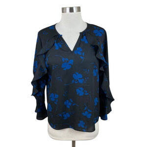 The Row Black Blue Floral 100% Silk Ruffle Sleeve Blouse Size XS/S Quiet Luxury